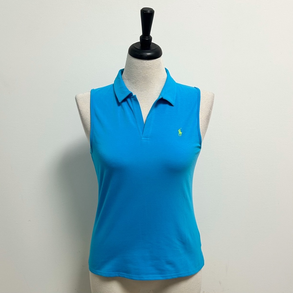Ralph Lauren Sport Carib Caribbean Blue Split V Neck Sleeveless Collar Polo Top